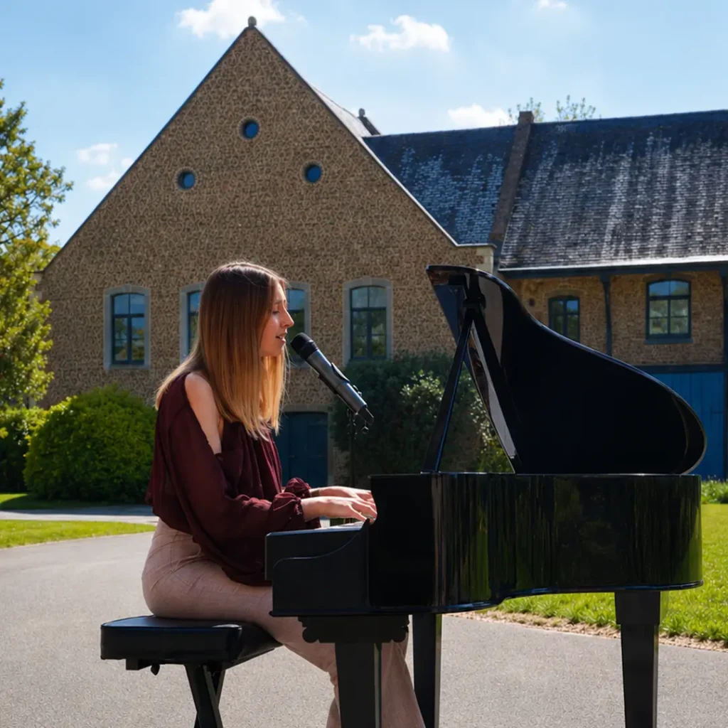 Vicky aan de vleugelshell bij Chateau De Looz